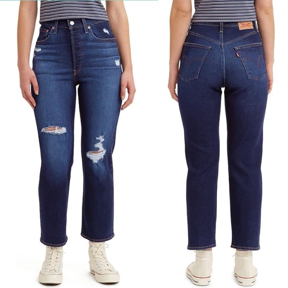 Levis Womens Ribcage Straight Ankle Jeans Dark Indigo Destructed High Rise Jeans - Picture 1 of 5